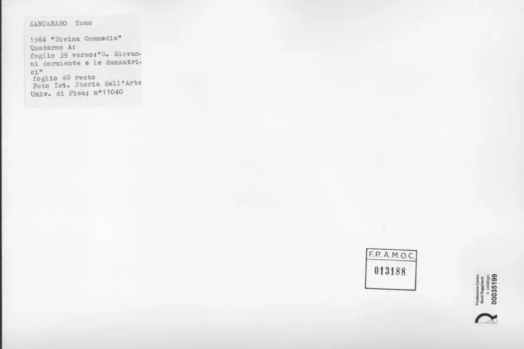 Universit&agrave; di Pisa. Dipartimento di Storia delle Arti , Zancanaro, Antonio - sec. XX - S. Giovanni dormiente e le danzatrici - foglio 39 verso e foglio 40 recto , retro
