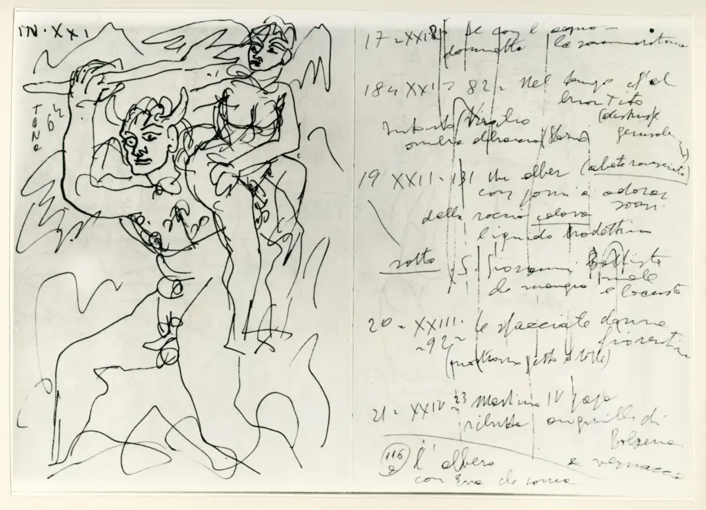 Universit&agrave; di Pisa. Dipartimento di Storia delle Arti , Zancanaro, Antonio - sec. XX - Lucifero prima e dopo - foglio 37 verso e foglio 38 recto , fronte