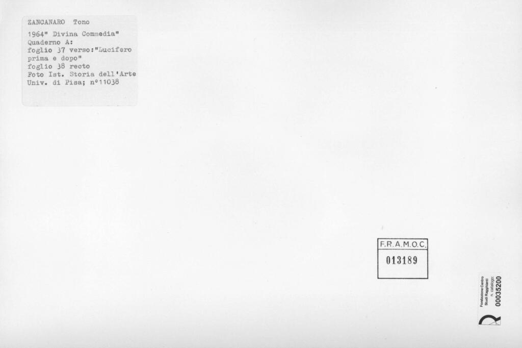 Università di Pisa. Dipartimento di Storia delle Arti , Zancanaro, Antonio - sec. XX - Lucifero prima e dopo - foglio 37 verso e foglio 38 recto , retro