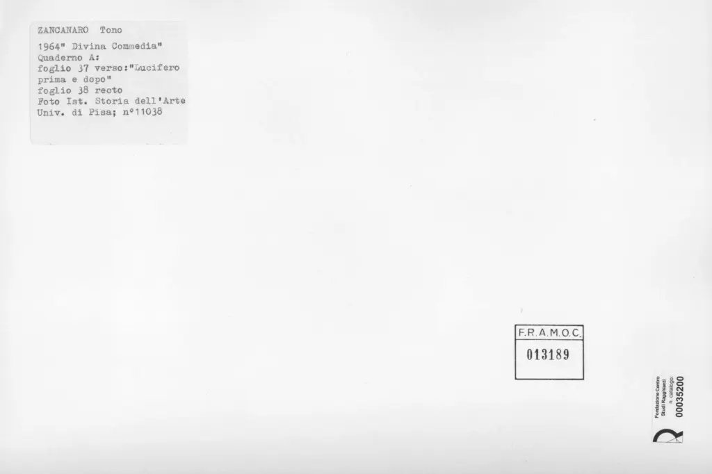 Universit&agrave; di Pisa. Dipartimento di Storia delle Arti , Zancanaro, Antonio - sec. XX - Lucifero prima e dopo - foglio 37 verso e foglio 38 recto , retro
