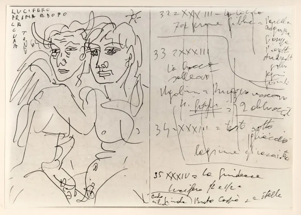 Universit&agrave; di Pisa. Dipartimento di Storia delle Arti , Zancanaro, Antonio - sec. XX - Lucifero prima e dopo la cura - foglio 33 verso e foglio 34 recto , fronte