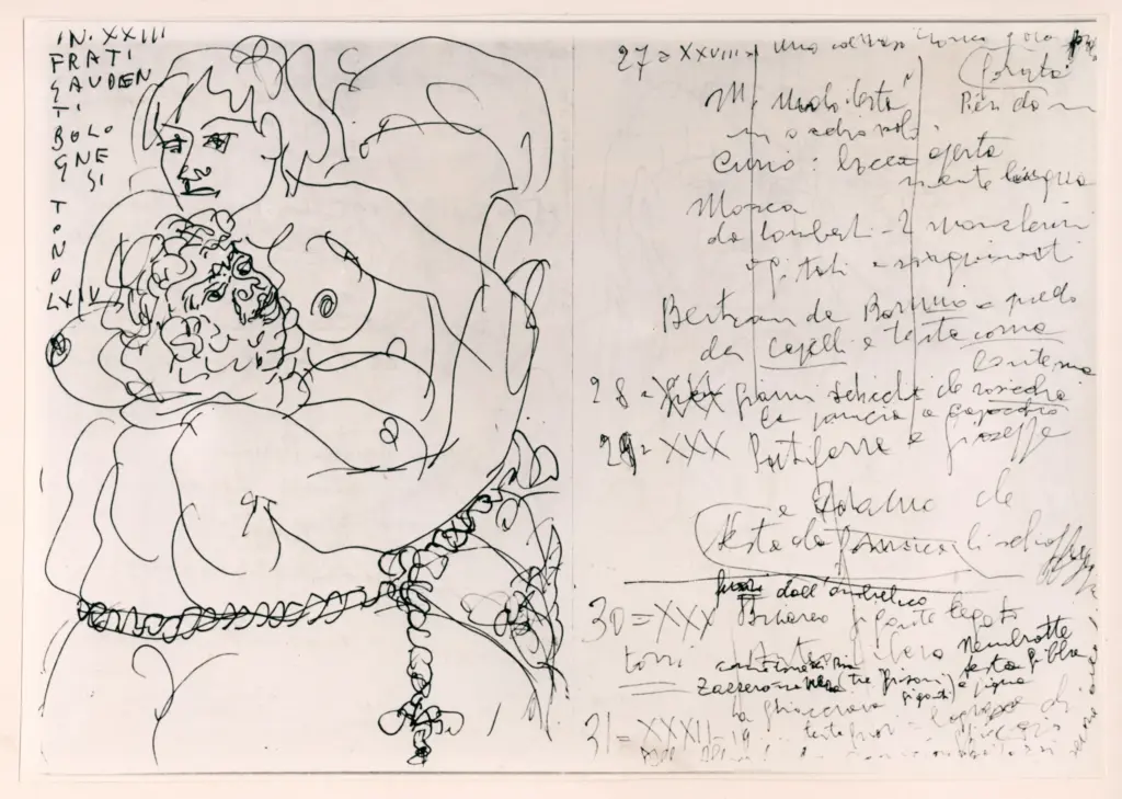 Universit&agrave; di Pisa. Dipartimento di Storia delle Arti , Zancanaro, Antonio - sec. XX - Frati gaudenti bolognesi - foglio 32 verso e foglio 33 verso , fronte