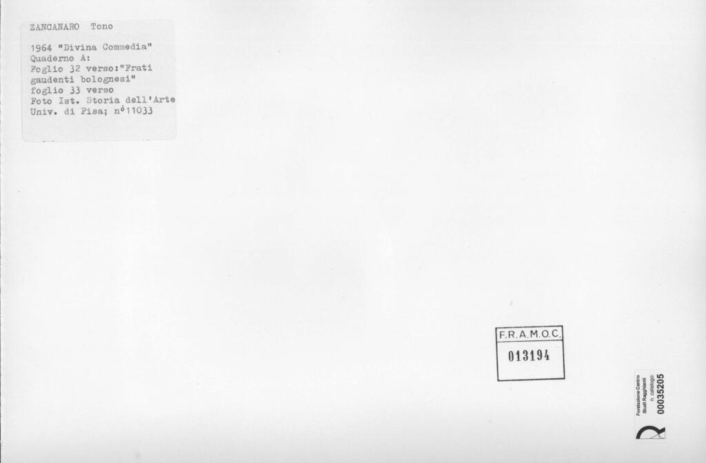 Università di Pisa. Dipartimento di Storia delle Arti , Zancanaro, Antonio - sec. XX - Frati gaudenti bolognesi - foglio 32 verso e foglio 33 verso , retro