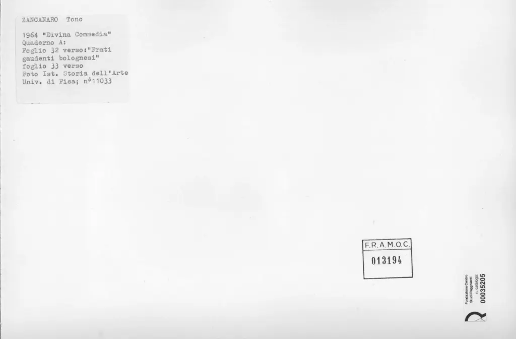 Universit&agrave; di Pisa. Dipartimento di Storia delle Arti , Zancanaro, Antonio - sec. XX - Frati gaudenti bolognesi - foglio 32 verso e foglio 33 verso , retro