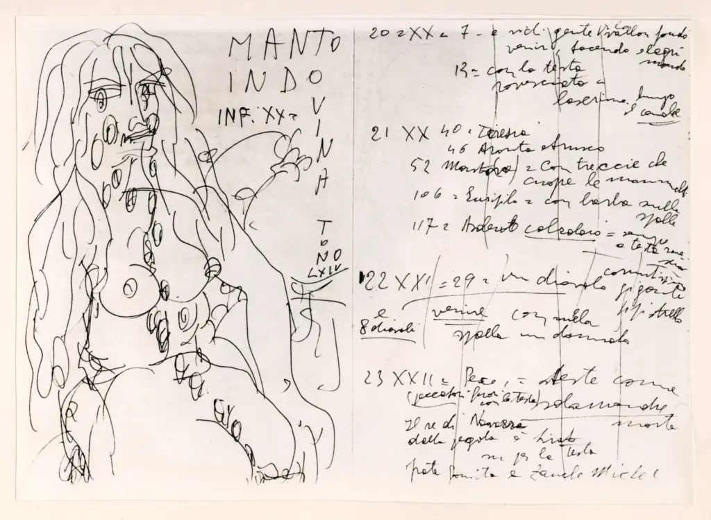 Universit&agrave; di Pisa. Dipartimento di Storia delle Arti , Zancanaro, Antonio - sec. XX - Manto Indovina - foglio 30 verso e foglio 31 recto , fronte