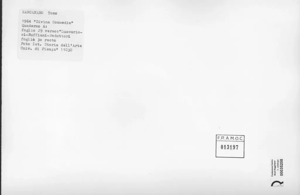 Universit&agrave; di Pisa. Dipartimento di Storia delle Arti , Zancanaro, Antonio - sec. XX - Lussuriosi-Ruffiani-Seduttori - foglio 29 verso e foglio 30 recto
