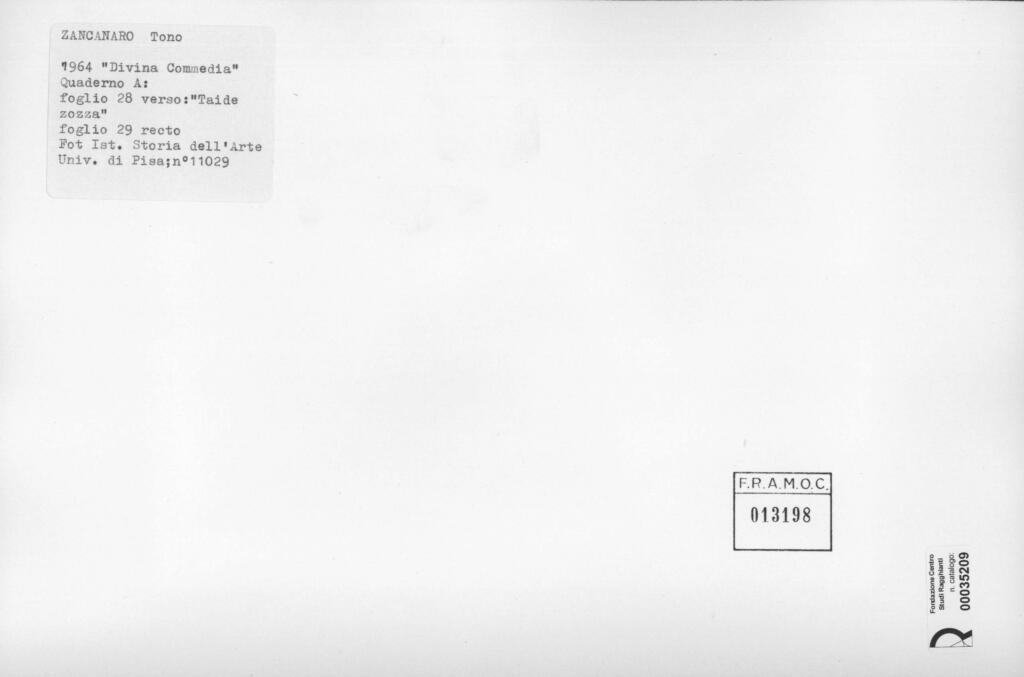 Università di Pisa. Dipartimento di Storia delle Arti , Zancanaro, Antonio - sec. XX - Taide zozza - foglio 28 verso e foglio 29 recto , retro