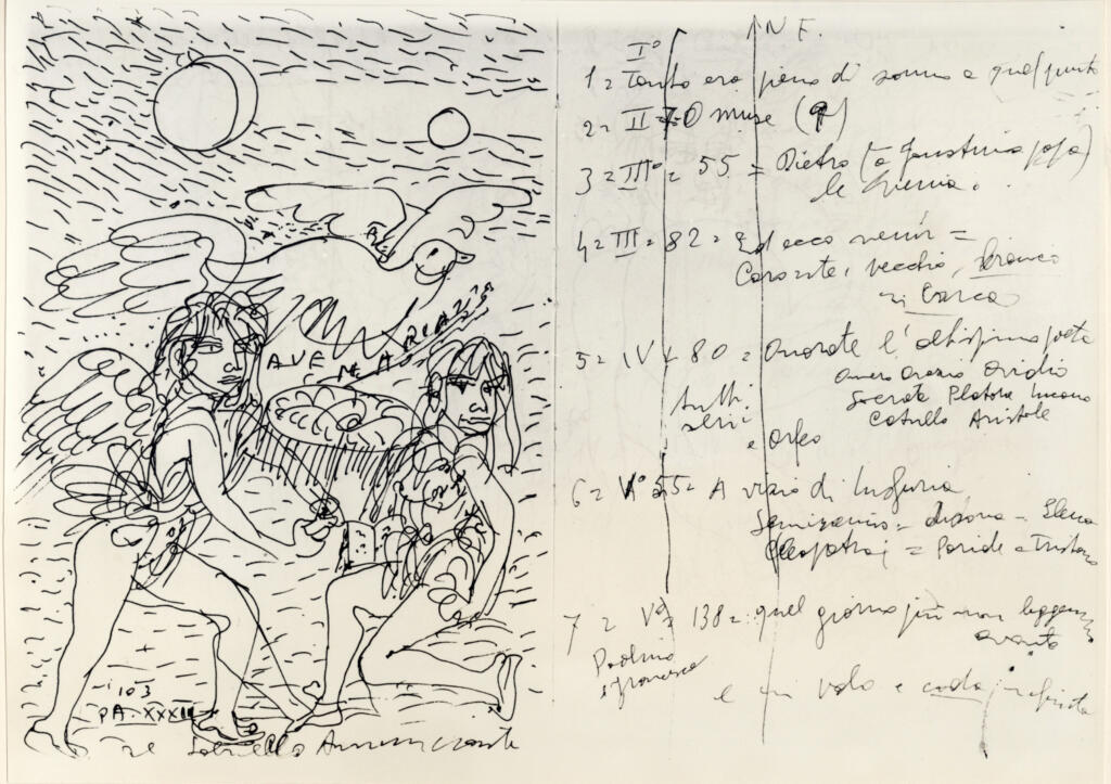 Università di Pisa. Dipartimento di Storia delle Arti , Zancanaro, Antonio - sec. XX - Gabriello annunciante - foglio 27 verso e foglio 28 recto , fronte