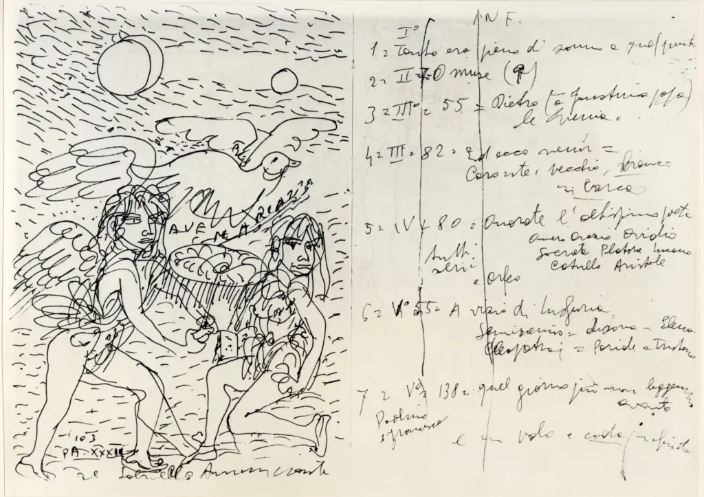 Universit&agrave; di Pisa. Dipartimento di Storia delle Arti , Zancanaro, Antonio - sec. XX - Gabriello annunciante - foglio 27 verso e foglio 28 recto , fronte