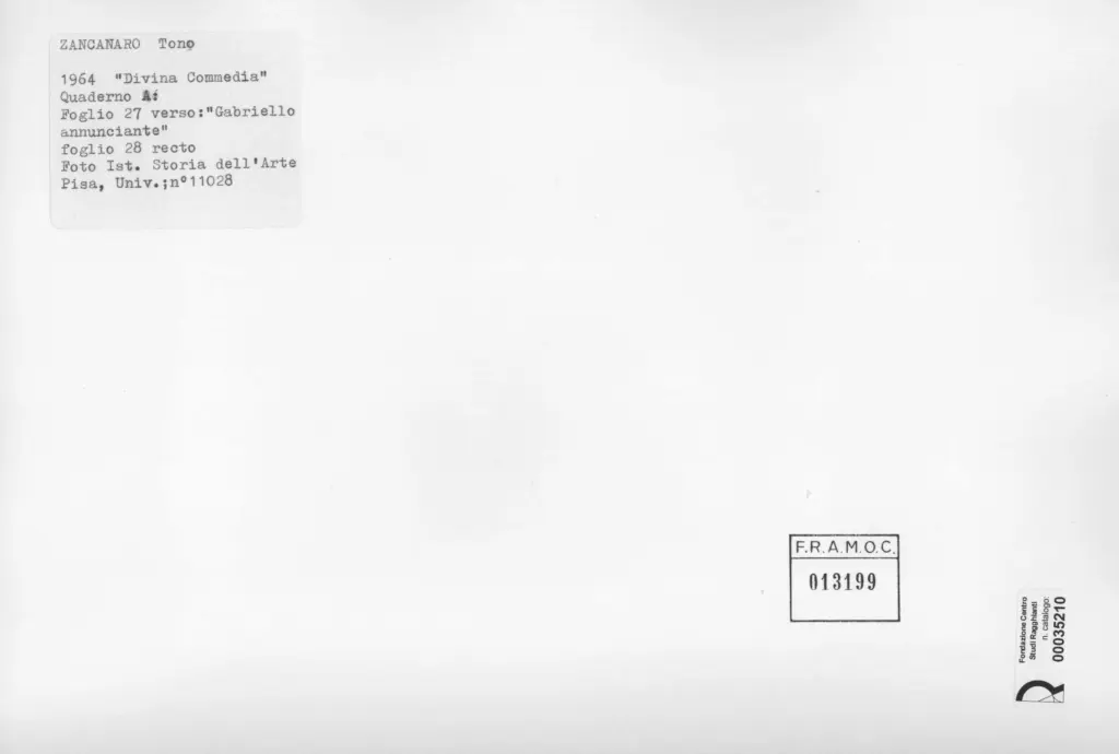 Universit&agrave; di Pisa. Dipartimento di Storia delle Arti , Zancanaro, Antonio - sec. XX - Gabriello annunciante - foglio 27 verso e foglio 28 recto , retro