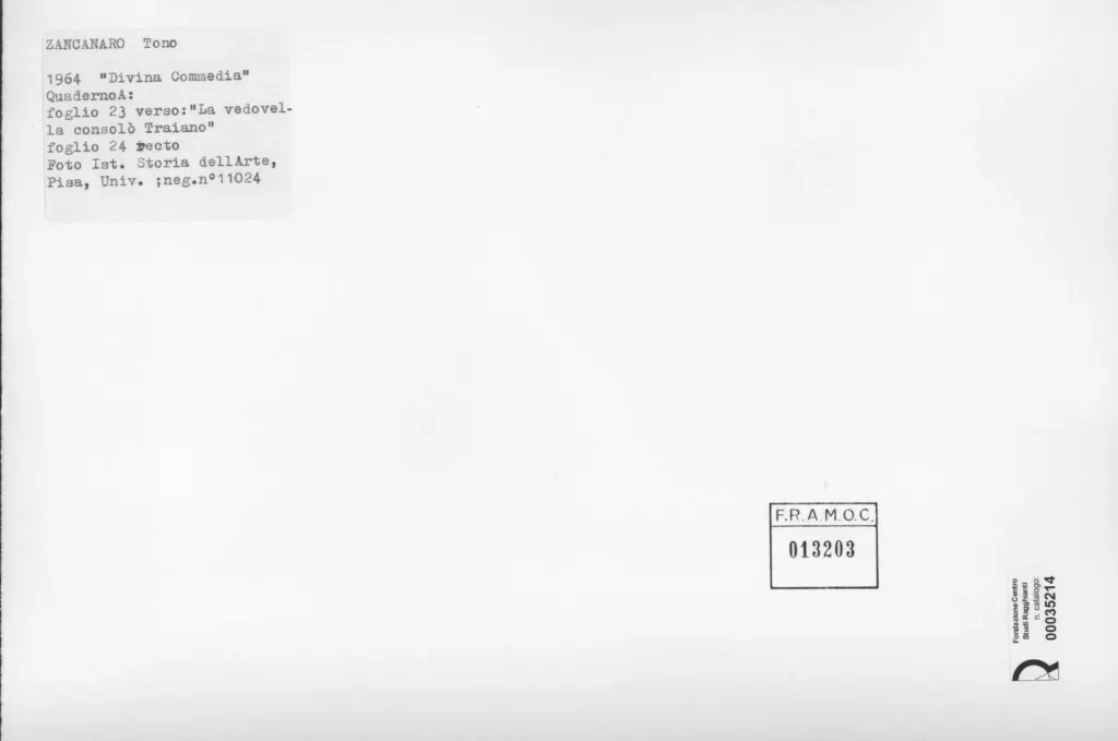 Universit&agrave; di Pisa. Dipartimento di Storia delle Arti , Zancanaro, Antonio - sec. XX - La vedovella consol&ograve; Traiano - foglio 23 verso e foglio 24 recto , retro