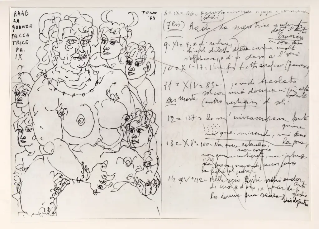 Universit&agrave; di Pisa. Dipartimento di Storia delle Arti , Zancanaro, Antonio - sec. XX - Raab la grande peccatrice - foglio 22 verso e foglio 23 recto , fronte