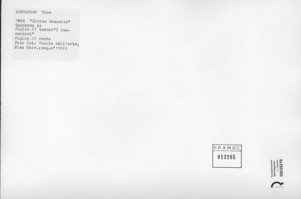 Università di Pisa. Dipartimento di Storia delle Arti , Zancanaro, Antonio - sec. XX - I lussuriosi - foglio 21 verso e foglio 22 recto , retro