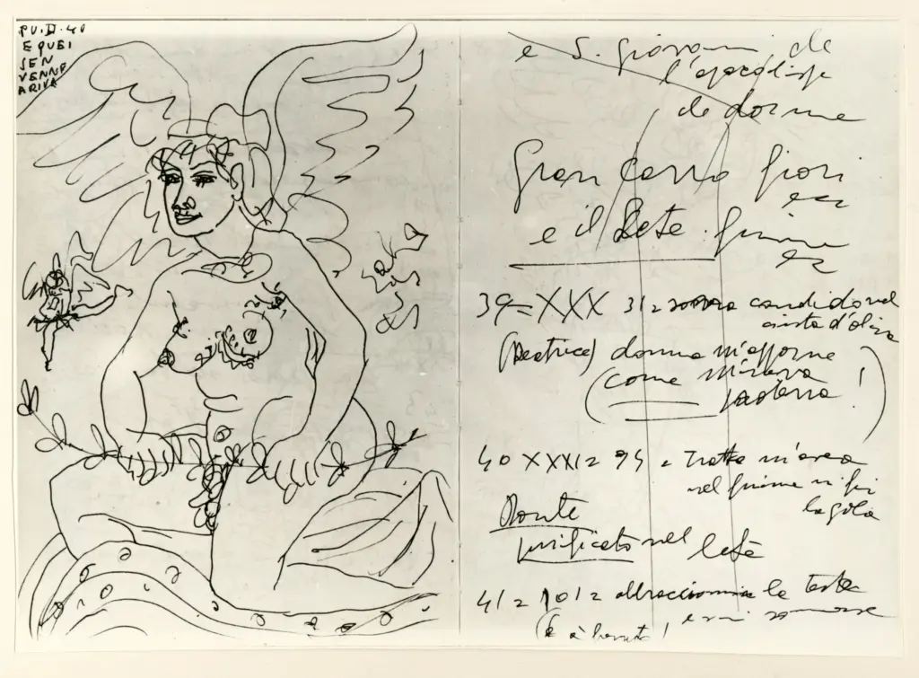 Universit&agrave; di Pisa. Dipartimento di Storia delle Arti , Zancanaro, Antonio - sec. XX - "E quei sen venna a riva" - foglio 19 verso e foglio 20 recto , fronte