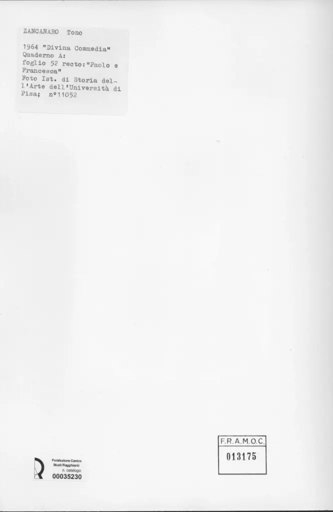 Universit&agrave; di Pisa. Dipartimento di Storia delle Arti , Zancanaro, Antonio - sec. XX - Paolo e Francesca - foglio 52 recto