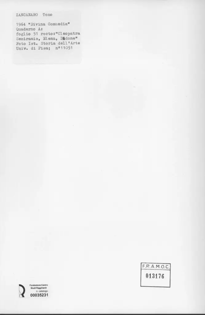 Universit&agrave; di Pisa. Dipartimento di Storia delle Arti , Zancanaro, Antonio - sec. XX - Cleopatra, Semiramis, Elena, Didone - foglio 51 recto , retro