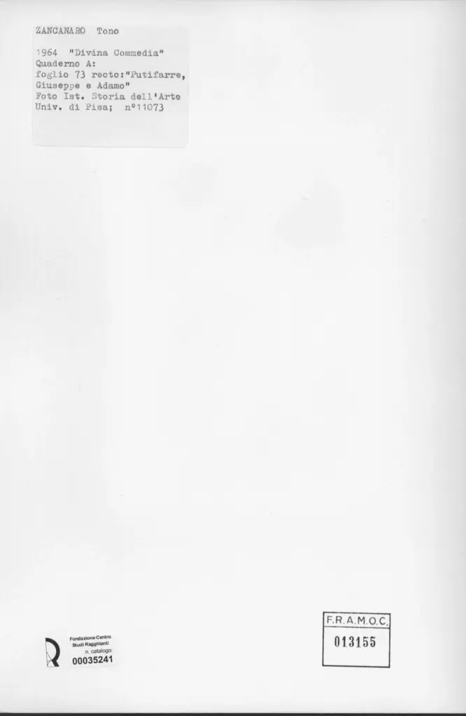 Universit&agrave; di Pisa. Dipartimento di Storia delle Arti , Zancanaro, Antonio - sec. XX - Putifarre, Giuseppe e Adamo - foglio 73 recto , retro