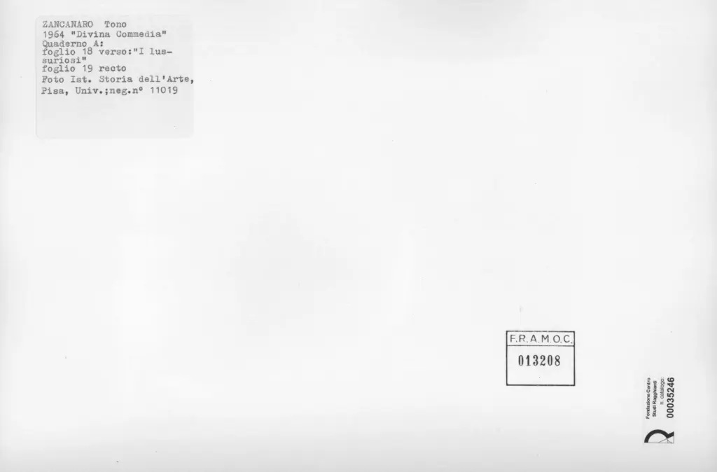 Universit&agrave; di Pisa. Dipartimento di Storia delle Arti , Zancanaro, Antonio - sec. XX - I lussuriosi - foglio 18 verso e foglio 19 recto , retro