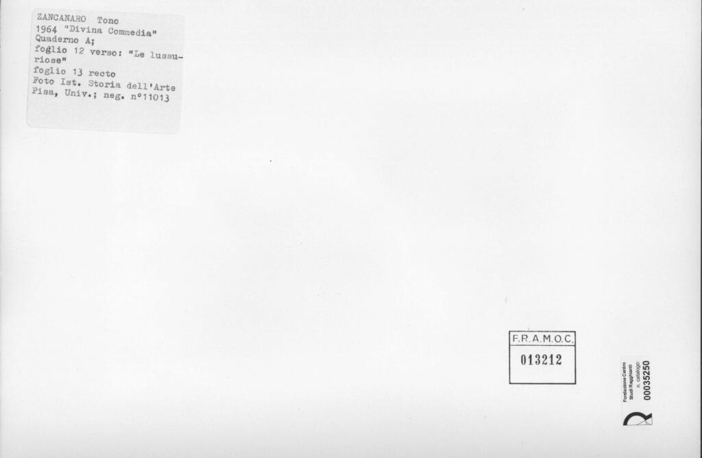 Università di Pisa. Dipartimento di Storia delle Arti , Zancanaro, Antonio - sec. XX - Le lussuriose - foglio 12 verso e foglio 13 recto , retro