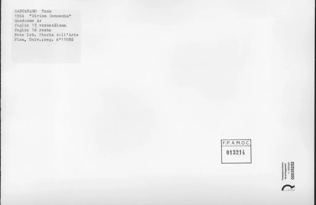 Universit&agrave; di Pisa. Dipartimento di Storia delle Arti , Zancanaro, Antonio - sec. XX - Elena - foglio 15 verso e foglio 16 recto , retro
