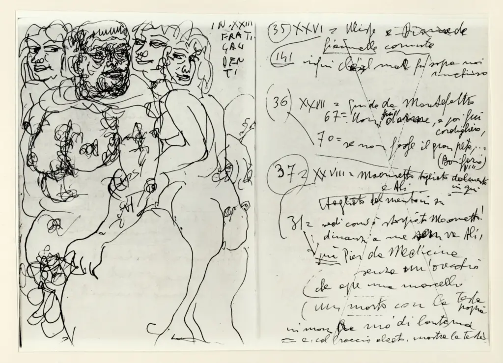 Universit&agrave; di Pisa. Dipartimento di Storia delle Arti , Zancanaro, Antonio - sec. XX - Frati gaudenti - foglio 7 verso e foglio 8 recto , fronte