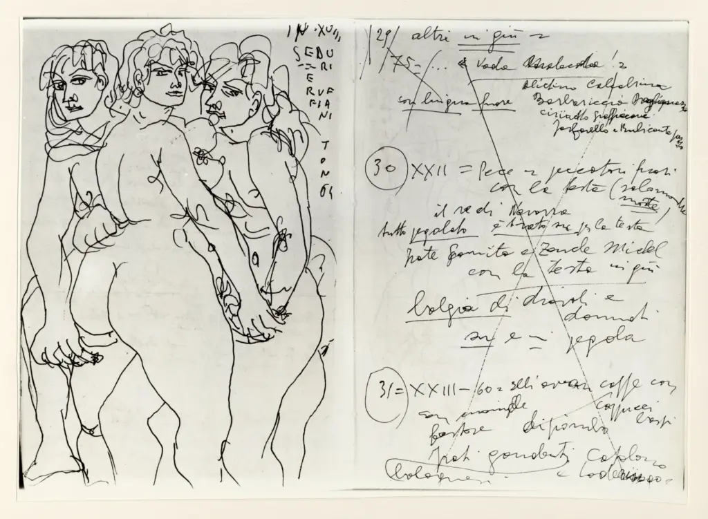 Universit&agrave; di Pisa. Dipartimento di Storia delle Arti , Zancanaro, Antonio - sec. XX - Seduttori e Ruffiani - foglio 5 verso e foglio 6 recto , fronte