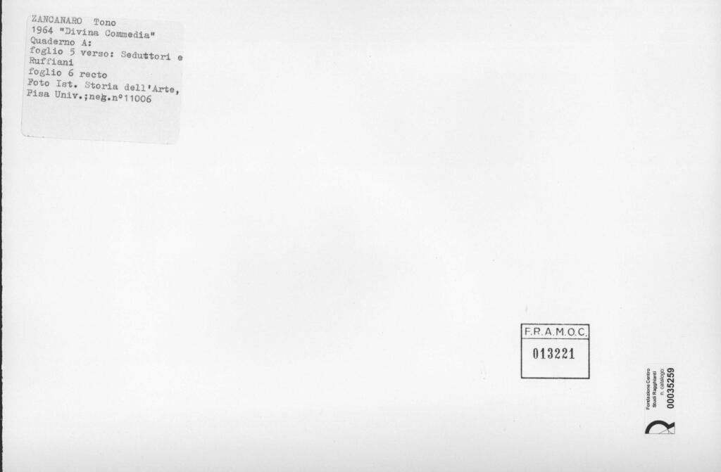 Università di Pisa. Dipartimento di Storia delle Arti , Zancanaro, Antonio - sec. XX - Seduttori e Ruffiani - foglio 5 verso e foglio 6 recto , retro