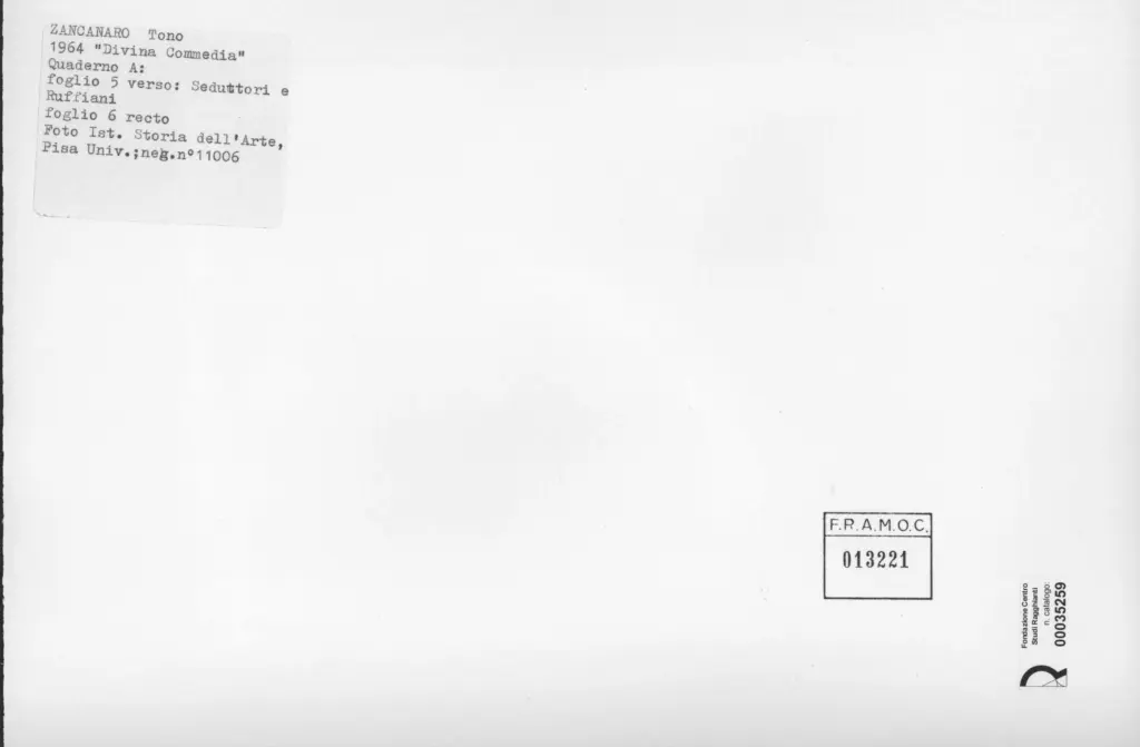 Universit&agrave; di Pisa. Dipartimento di Storia delle Arti , Zancanaro, Antonio - sec. XX - Seduttori e Ruffiani - foglio 5 verso e foglio 6 recto , retro