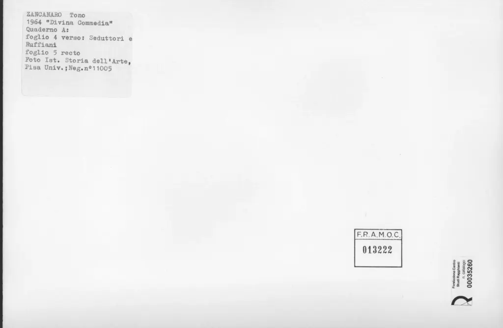 Universit&agrave; di Pisa. Dipartimento di Storia delle Arti , Zancanaro, Antonio - sec. XX - Seduttori e Ruffiani - foglio 4 verso e foglio 5 recto , retro