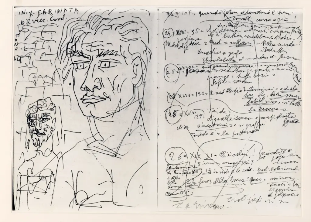 Universit&agrave; di Pisa. Dipartimento di Storia delle Arti , Zancanaro, Antonio - sec. XX - Farinata degli Uberti - foglio 3 verso e foglio 4 recto , fronte