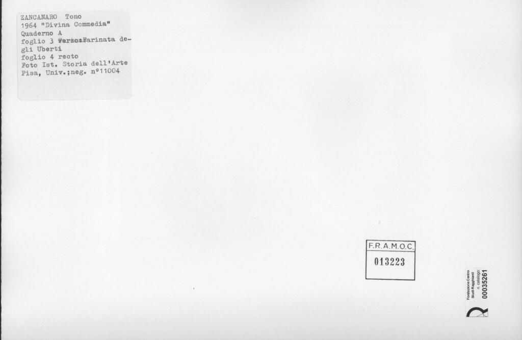 Università di Pisa. Dipartimento di Storia delle Arti , Zancanaro, Antonio - sec. XX - Farinata degli Uberti - foglio 3 verso e foglio 4 recto , retro