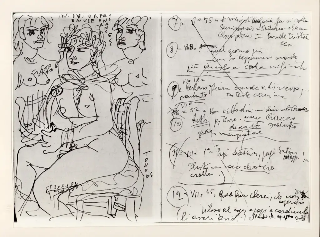 Universit&agrave; di Pisa. Dipartimento di Storia delle Arti , Zancanaro, Antonio - sec. XX - Orfeo e Muse - foglio 1 verso e foglio 2 recto , fronte