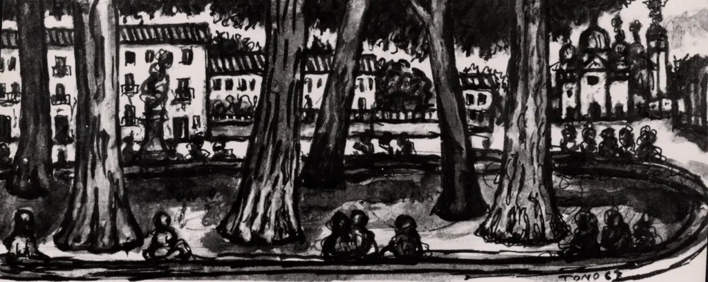 Anonimo , Zancanaro, Antonio - sec. XX - Parco con alberi e case sullo sfondo