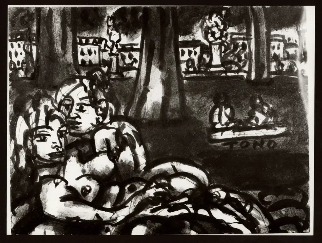 Anonimo , Zancanaro, Antonio - sec. XX - Due figure in primo piano con case e alberi sullo sfondo