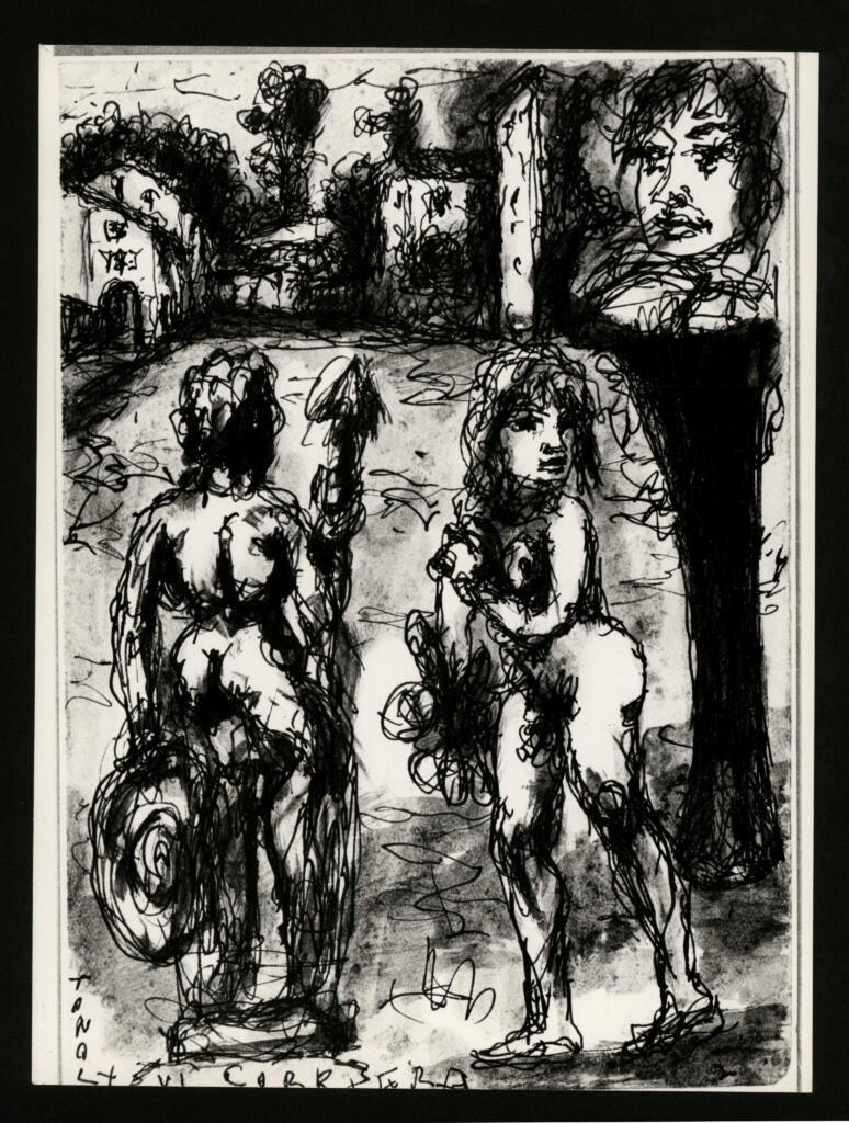 Anonimo , Zancanaro, Antonio - sec. XX - Due figure in primo piano con case sullo sfondo