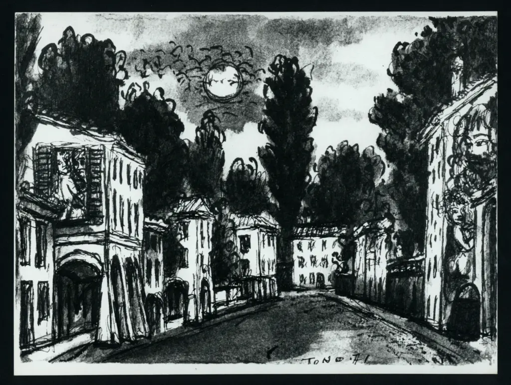 Anonimo , Zancanaro, Antonio - sec. XX - Scorcio di strada con case e alberi sullo sfondo