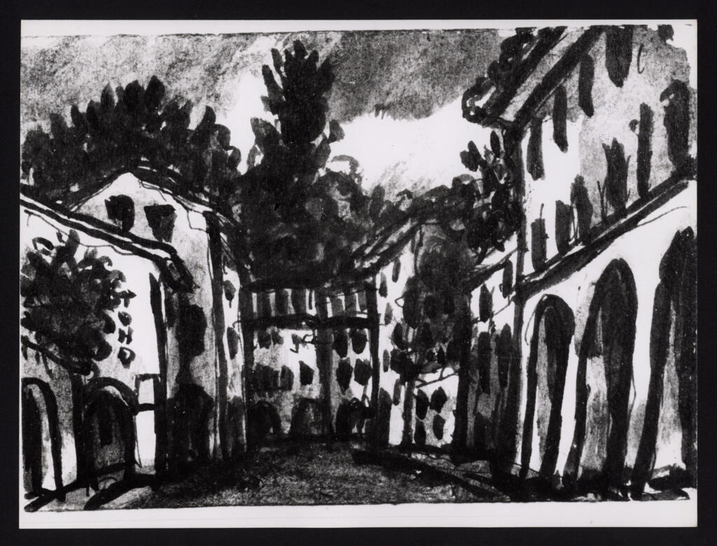 Anonimo , Zancanaro, Antonio - sec. XX - Scorcio di strada con case e alberi sullo sfondo