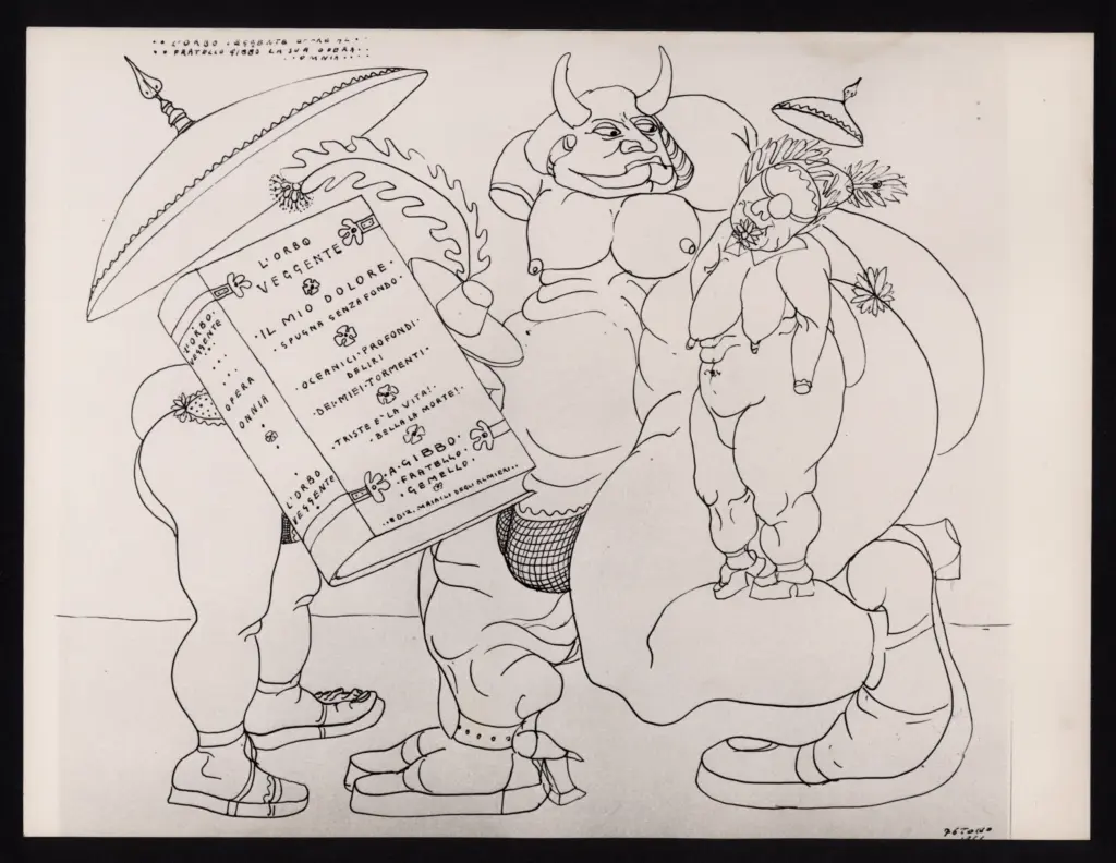 Anonimo , Zancanaro, Antonio - sec. XX - L'orbo veggente offre al fratello Gibbo la sua opera omnia