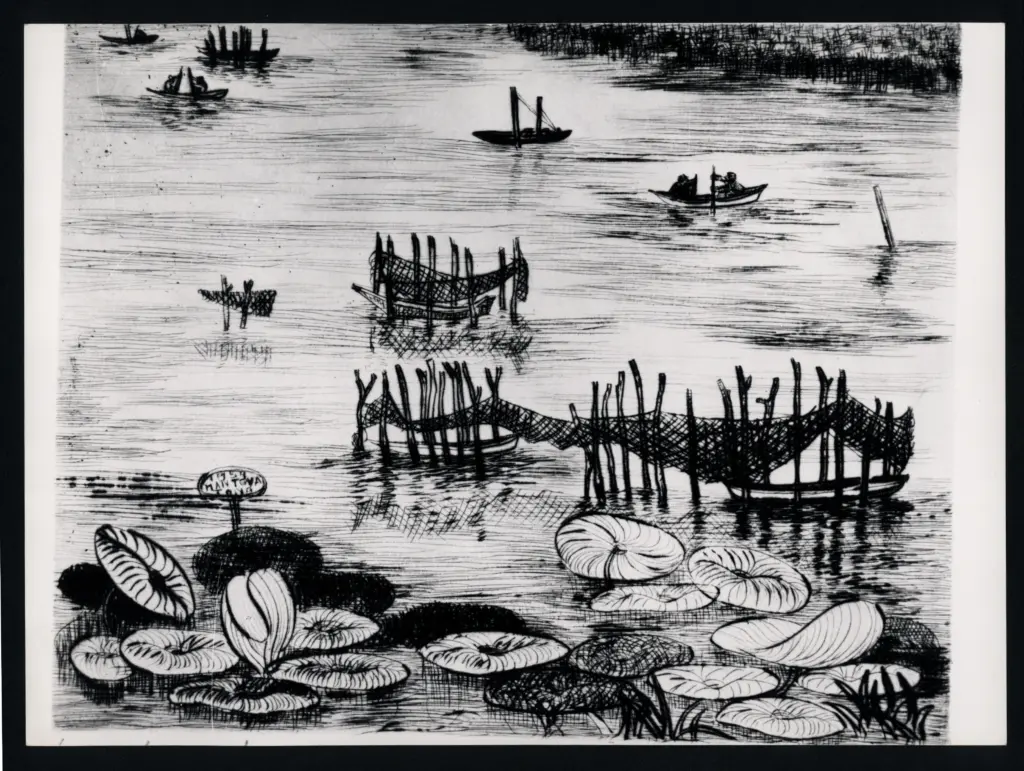 Anonimo , Zancanaro, Antonio - sec. XX - Paesaggio marino con barche e reti di pescatori , fronte