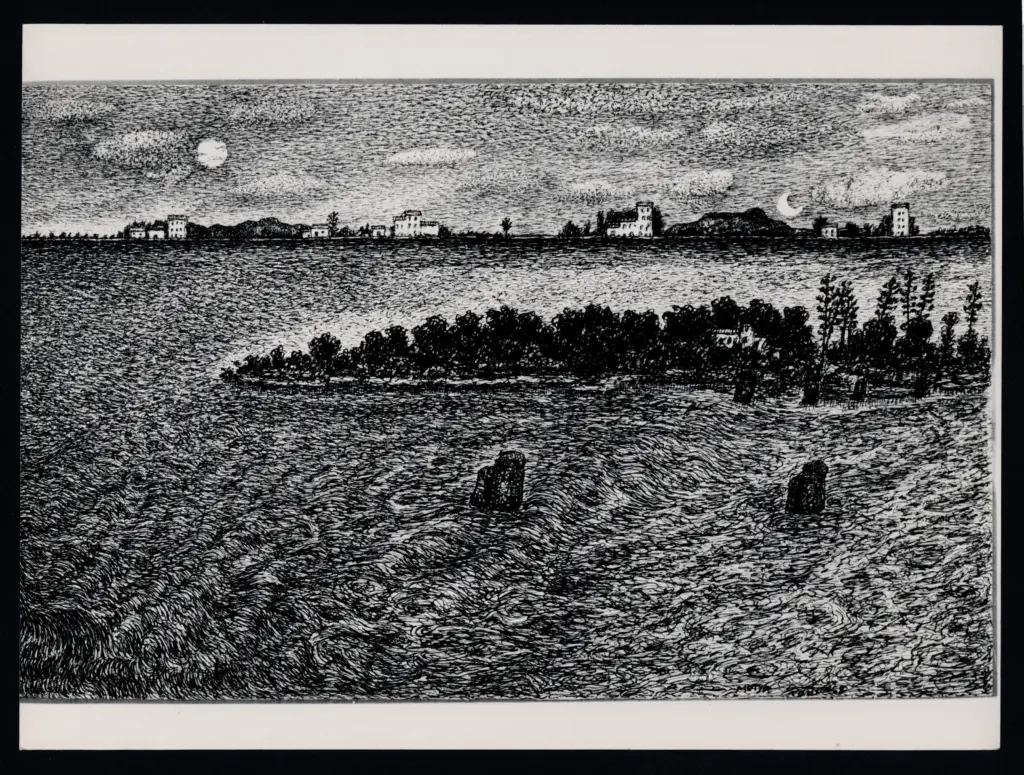 Anonimo , Zancanaro, Antonio - sec. XX - Paesaggio lacustre con case sullo sfondo , fronte