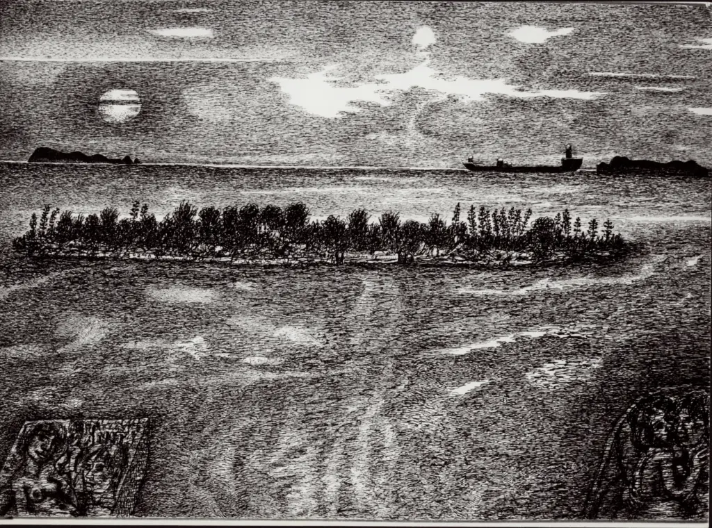 Anonimo , Zancanaro, Antonio - sec. XX - Paesaggio marino con nave merci sullo sfondo , fronte