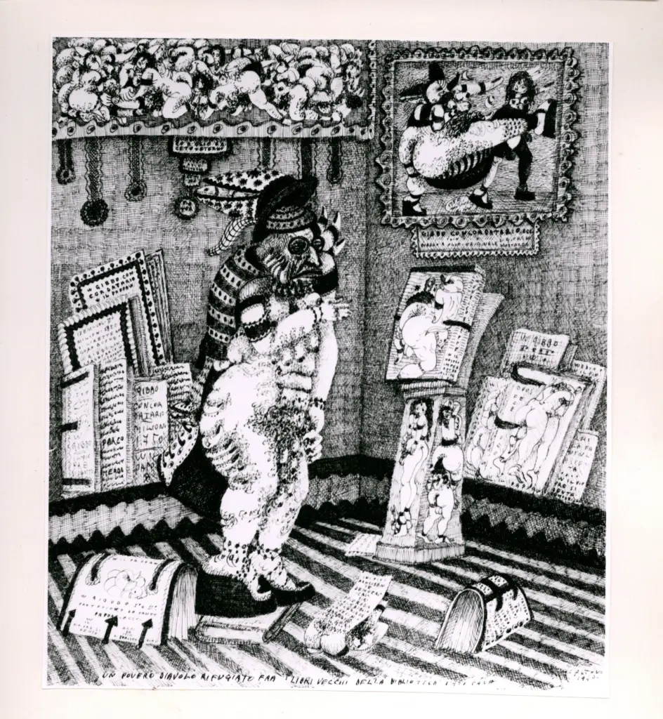 Anonimo , Zancanaro, Antonio - sec. XX - Un povero diavolo rifugiato fra i libri vecchi della biblioteca , fronte