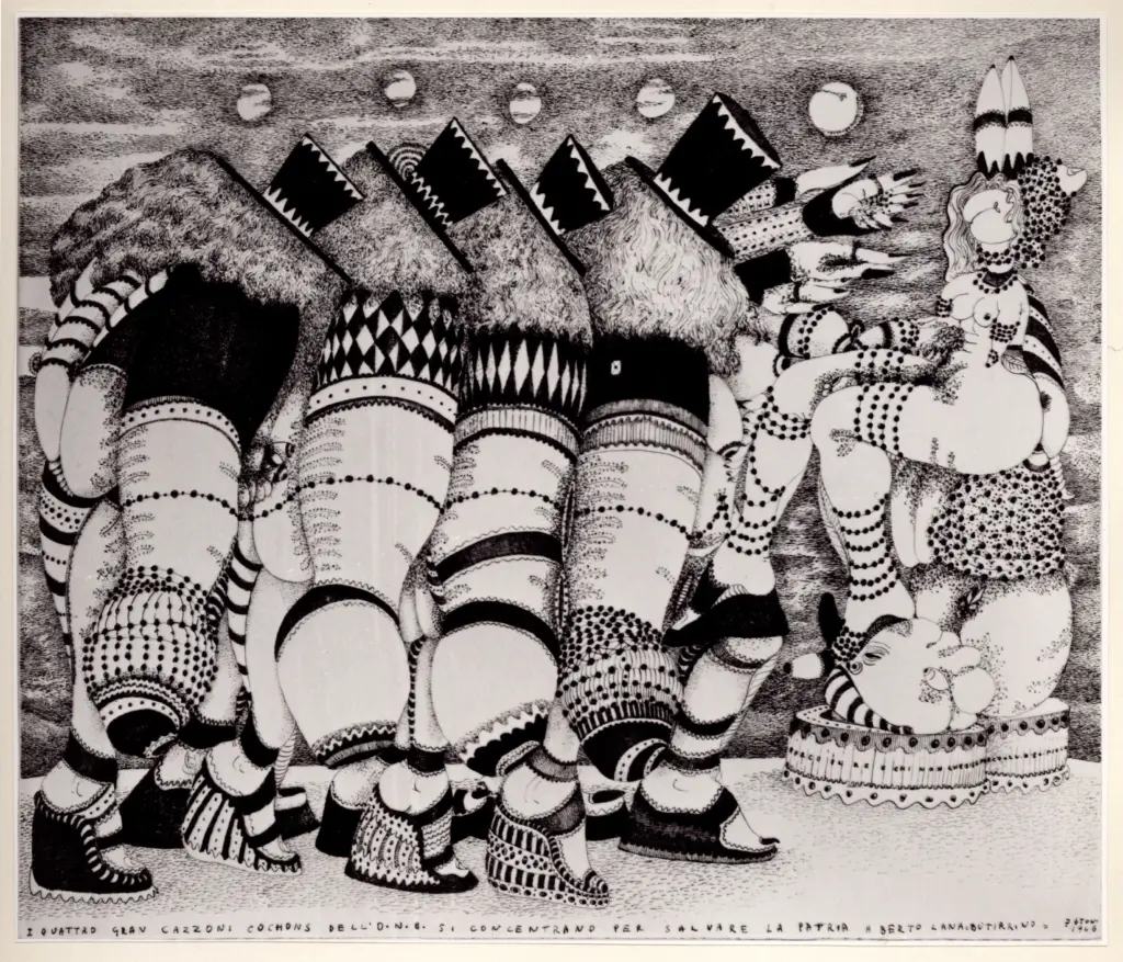 Anonimo , Zancanaro, Antonio - sec. XX - I quattro gan cazzoni cochons dell'O.N.B si concentrano , fronte