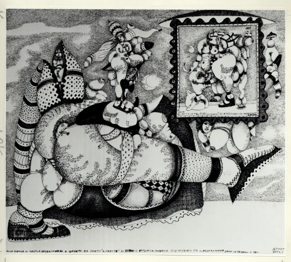 Anonimo , Zancanaro, Antonio - sec. XX - Alla scuola di Mestica Brigantonera e davanti al santo "ritratto" , fronte