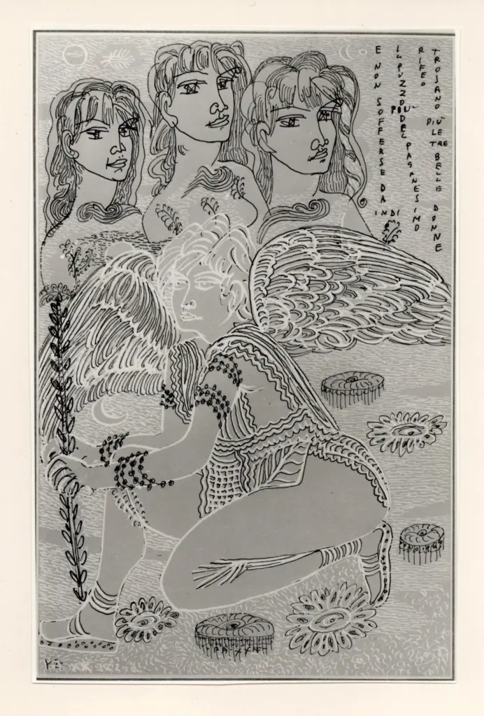 Anonimo , Zancanaro, Antonio - sec. XX - E non sofferse da indi il puzzo pi&ugrave; del paganesimo Rifeo Trojano pi&ugrave; le tre belle donne , fronte