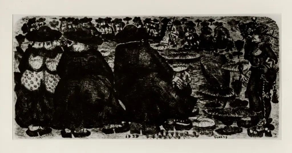 Anonimo , Zancanaro, Antonio - sec. XX - Varie figure intorno ad un lago con ninfee , fronte