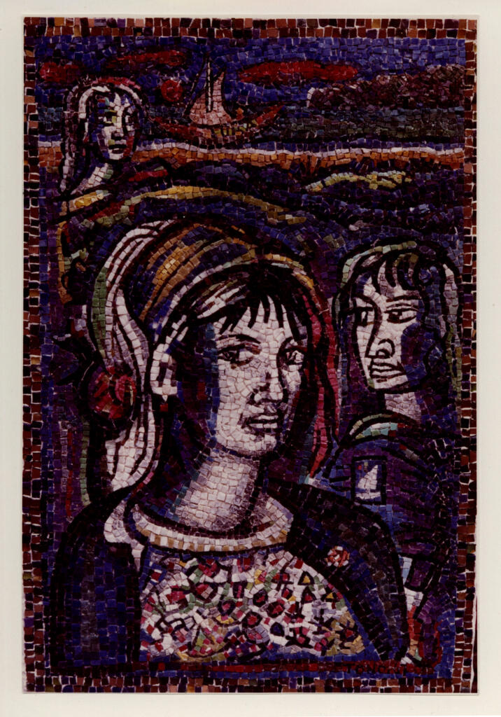 Fotonews , Zancanaro, Antonio - sec. XX - Mosaico raffigurante tre volti femminili e barca sullo sfondo , fronte