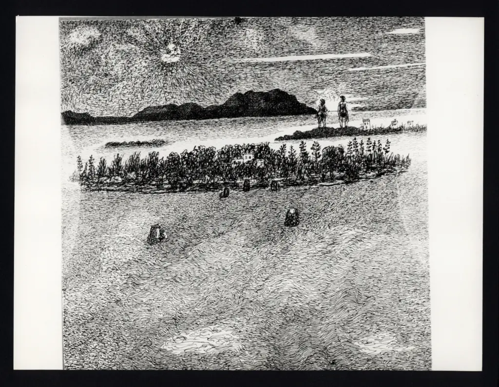 Anonimo , Zancanaro, Antonio - sec. XX - Paesaggio lacustre con due persone sullo sfondo , fronte