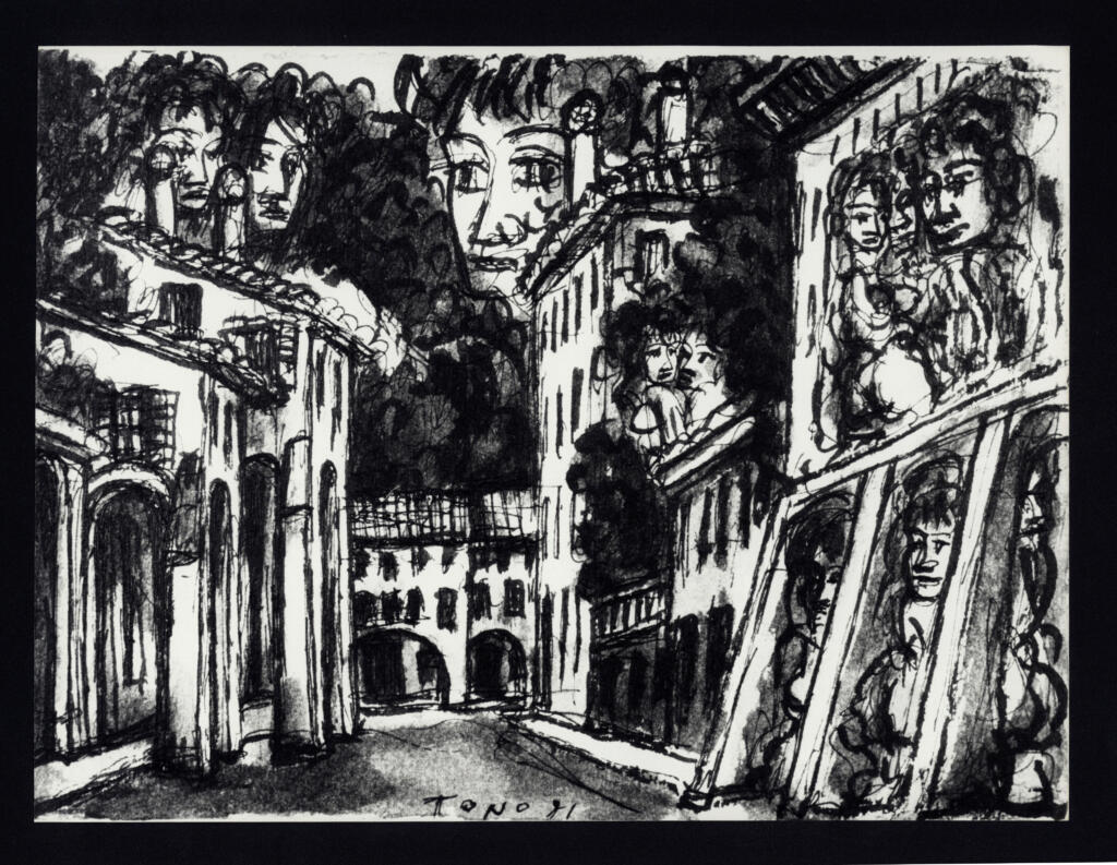 Anonimo , Zancanaro, Antonio - sec. XX - Scorcio di strada con case sui lati e sullo sfondo , fronte