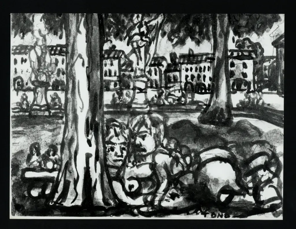 Anonimo , Zancanaro, Antonio - sec. XX - Due figure in primo piano in Pra